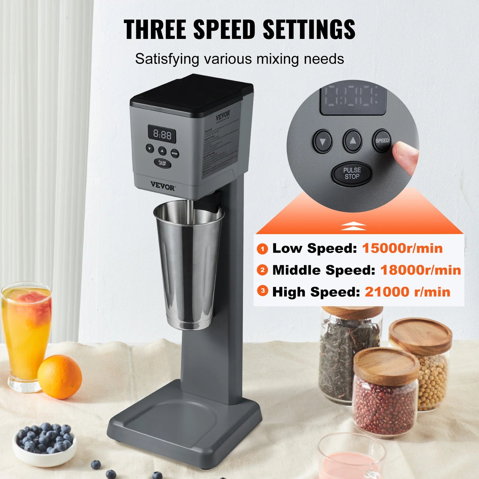 Electric Milkshake Maker 375W with 3 Speeds & 820ml Steel Cup