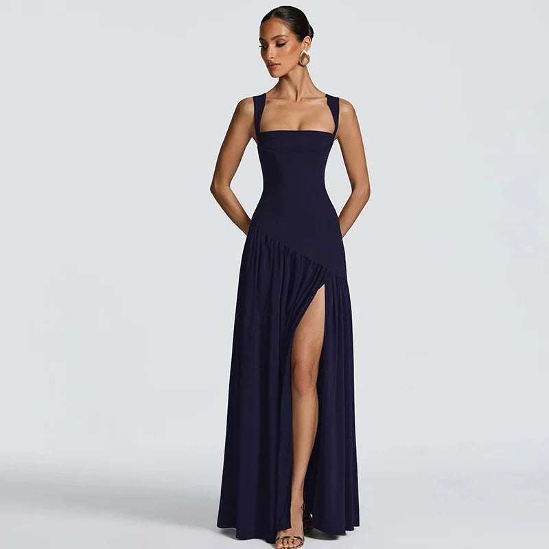 Elegant Sleeveless High Waist Slit Dress with Belted Sash