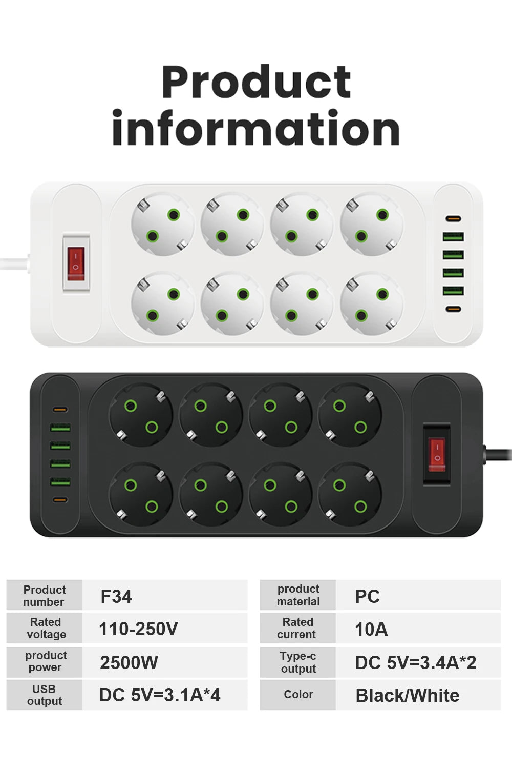 EU Plug AC Outlet Multitap Power Strip 2m Extension Cord Electrical Socket Smart USB Home Office Surge Protector Network Filter