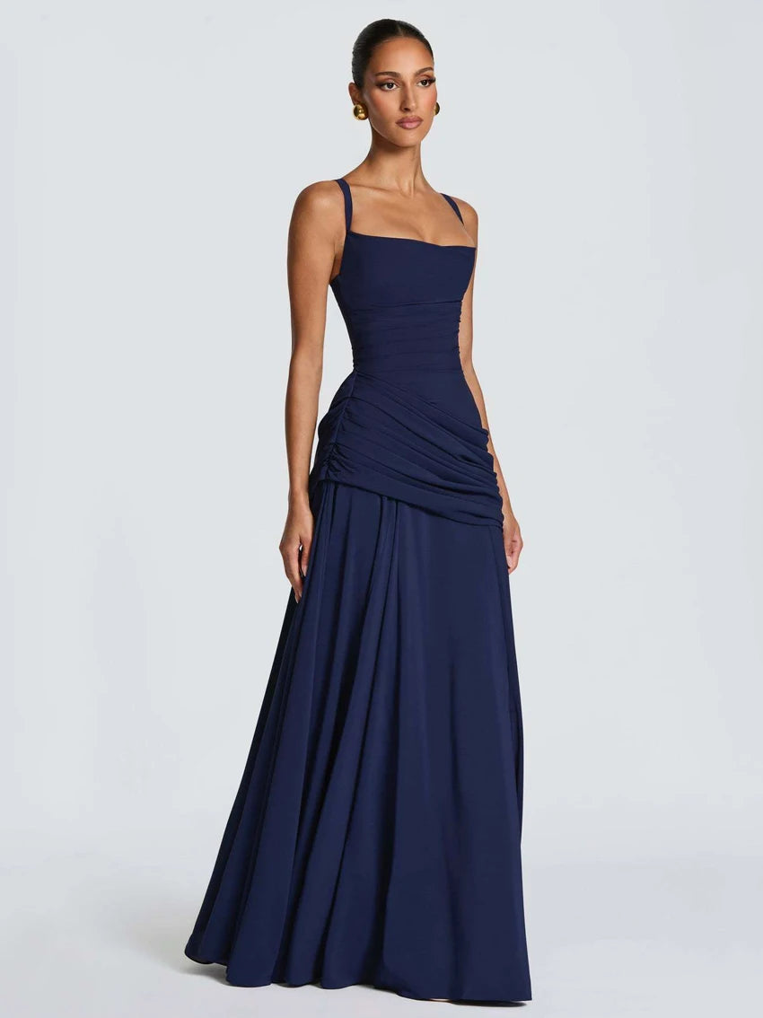 Women’s Elegant Ruched Backless Maxi Dress with Square Neck