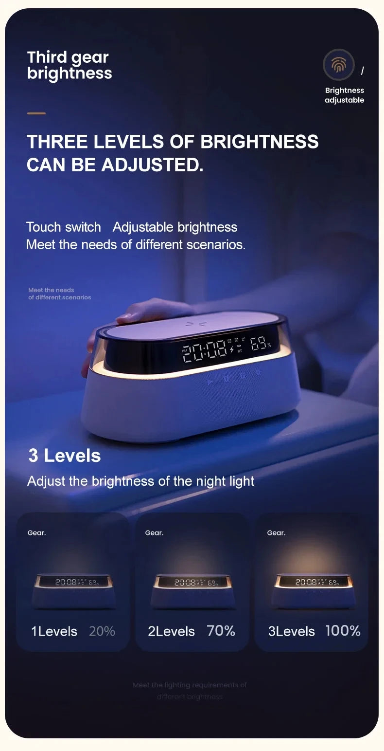 6-in-1 Smart Alarm Clock - 15W Wireless Charger, Bluetooth Speaker, FM Radio, Dual Alarm, USB Charger & RGB Night Light