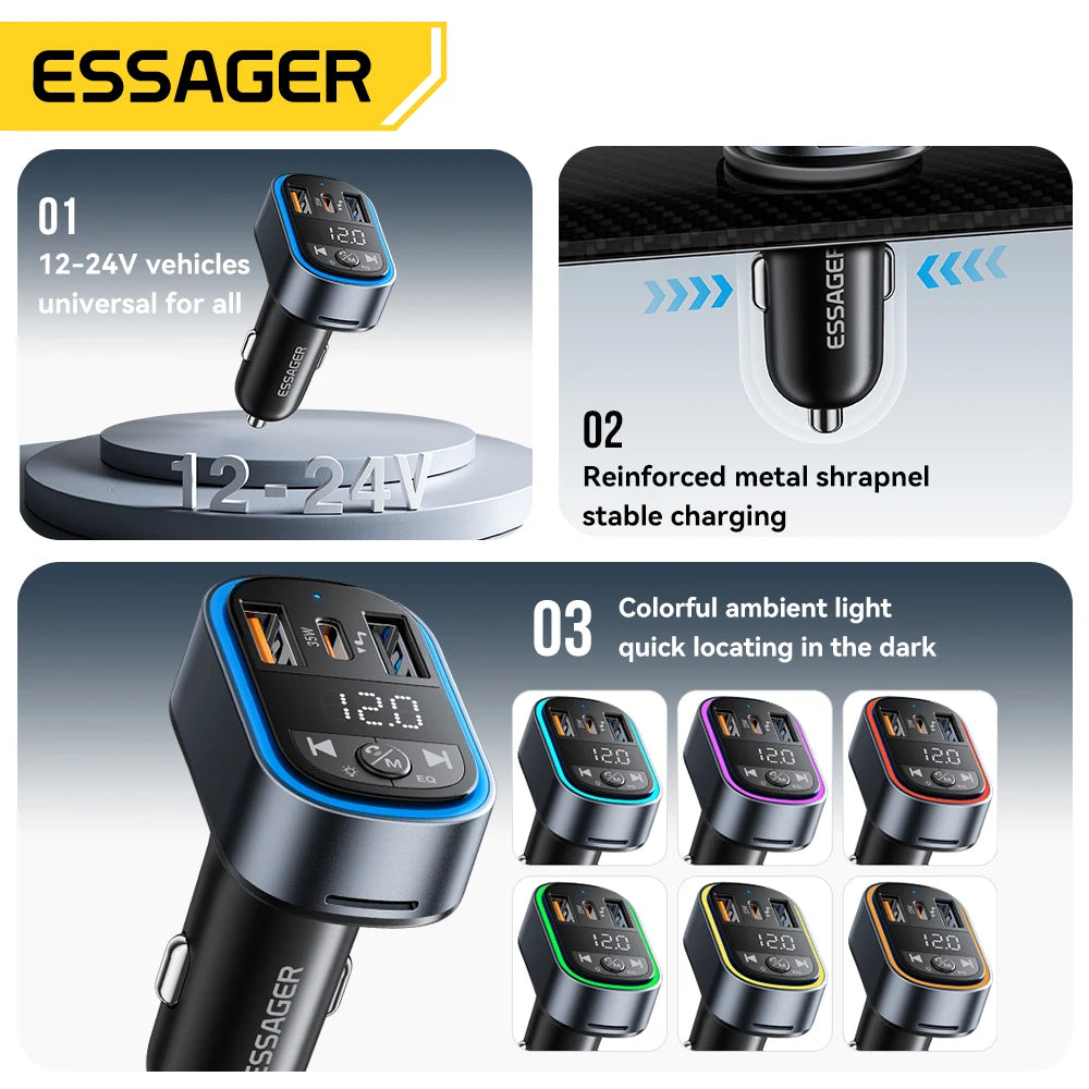 Car Charger FM Transmitter with Bluetooth 5.3 and USB-C Output
