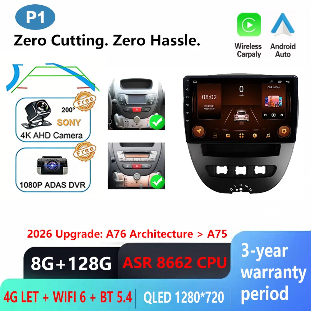 Ραδιόφωνο Android CarPlay 10,1" για Peugeot 107 Aygo C1 2005–2014