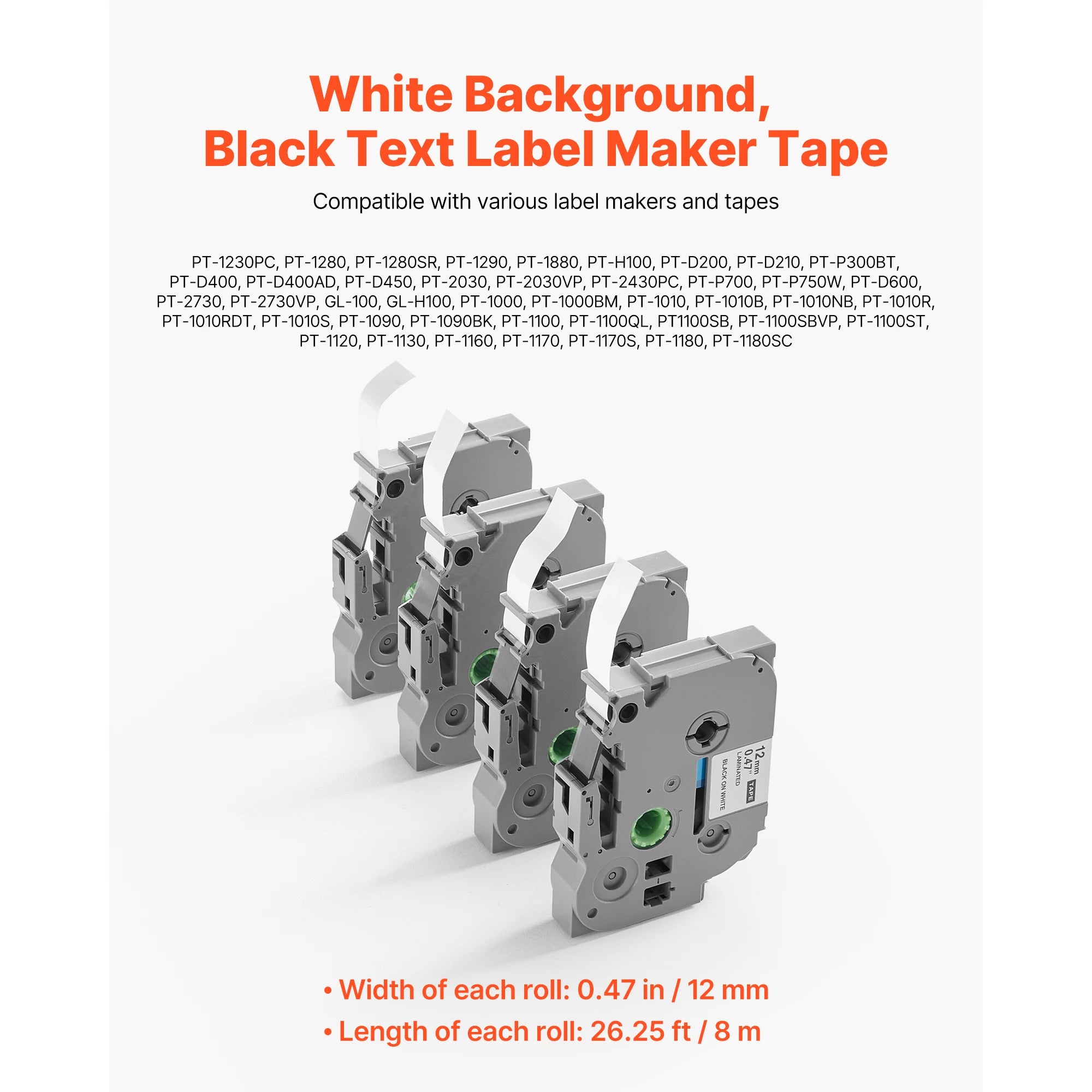 4-Pack 12mm Label Maker Tape Black on White for Brother TZe-231