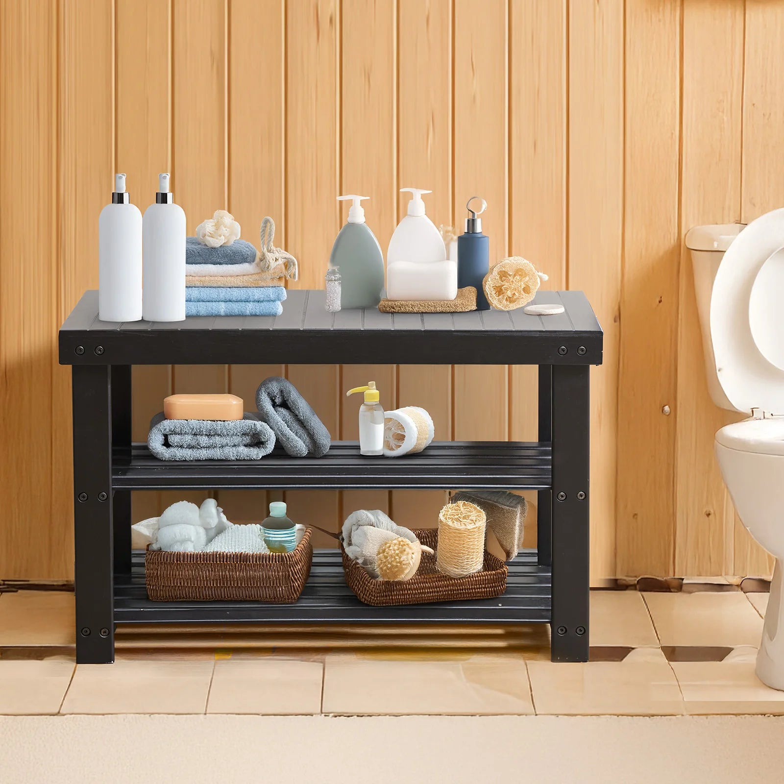 3-Tier Bamboo Shoe Rack Bench with Storage Holds 286 lb
