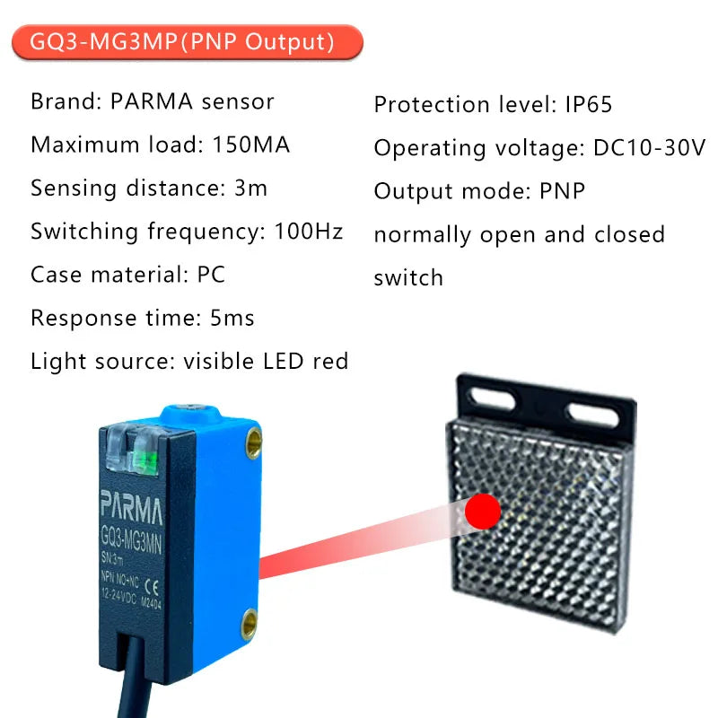Reflexný fotoelektrický snímač GQ3, NPN alebo PNP