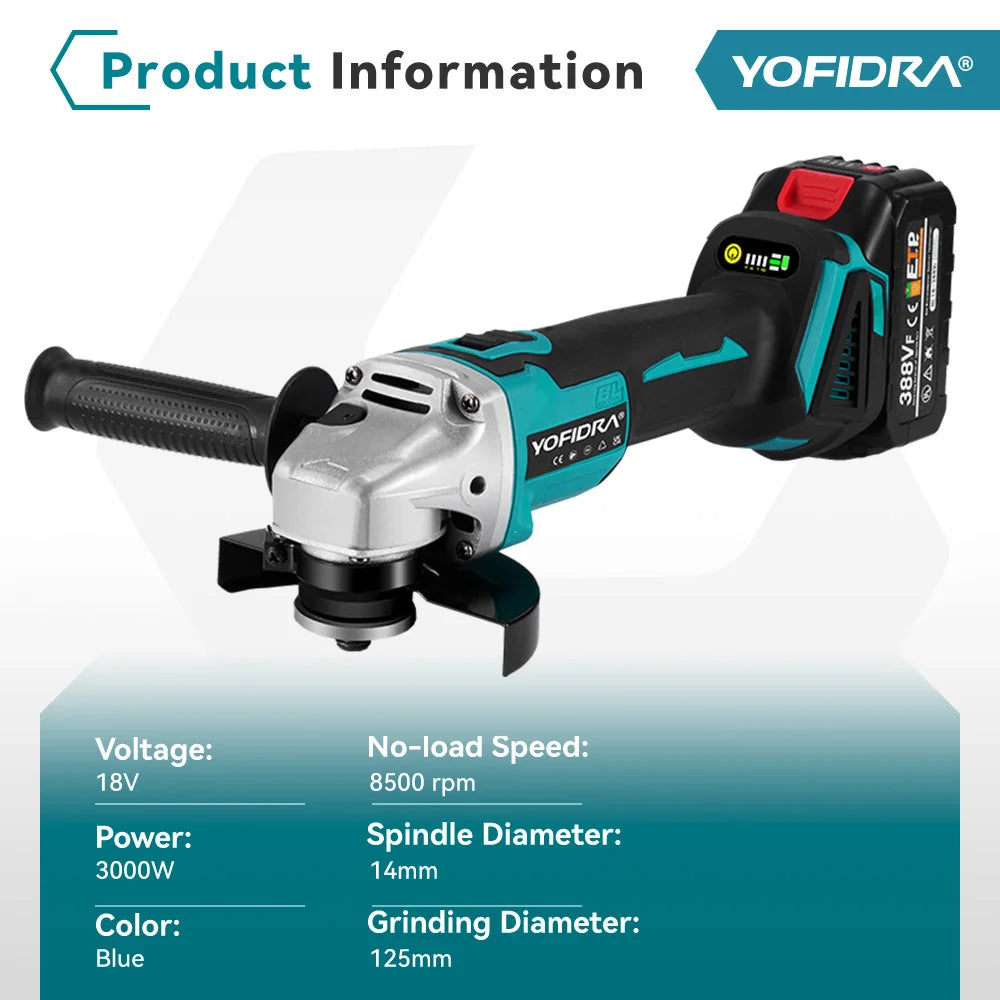 YOFIDRA 3000W 125mm Brushless Electric Angle Grinder Metal Wood Grinding Polishing Cutting Power Tool For Makita Battery Pin