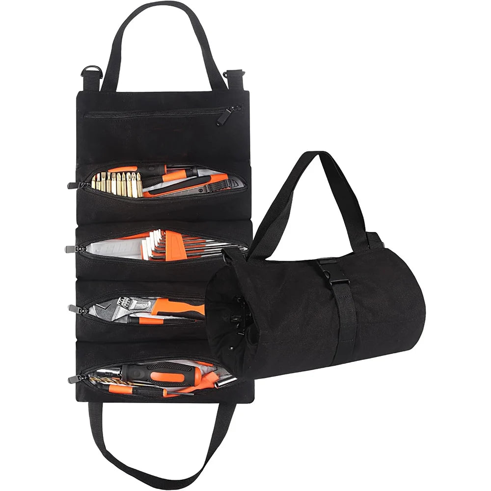 Saco para ferramentas com enrolamento e cinco bolsos