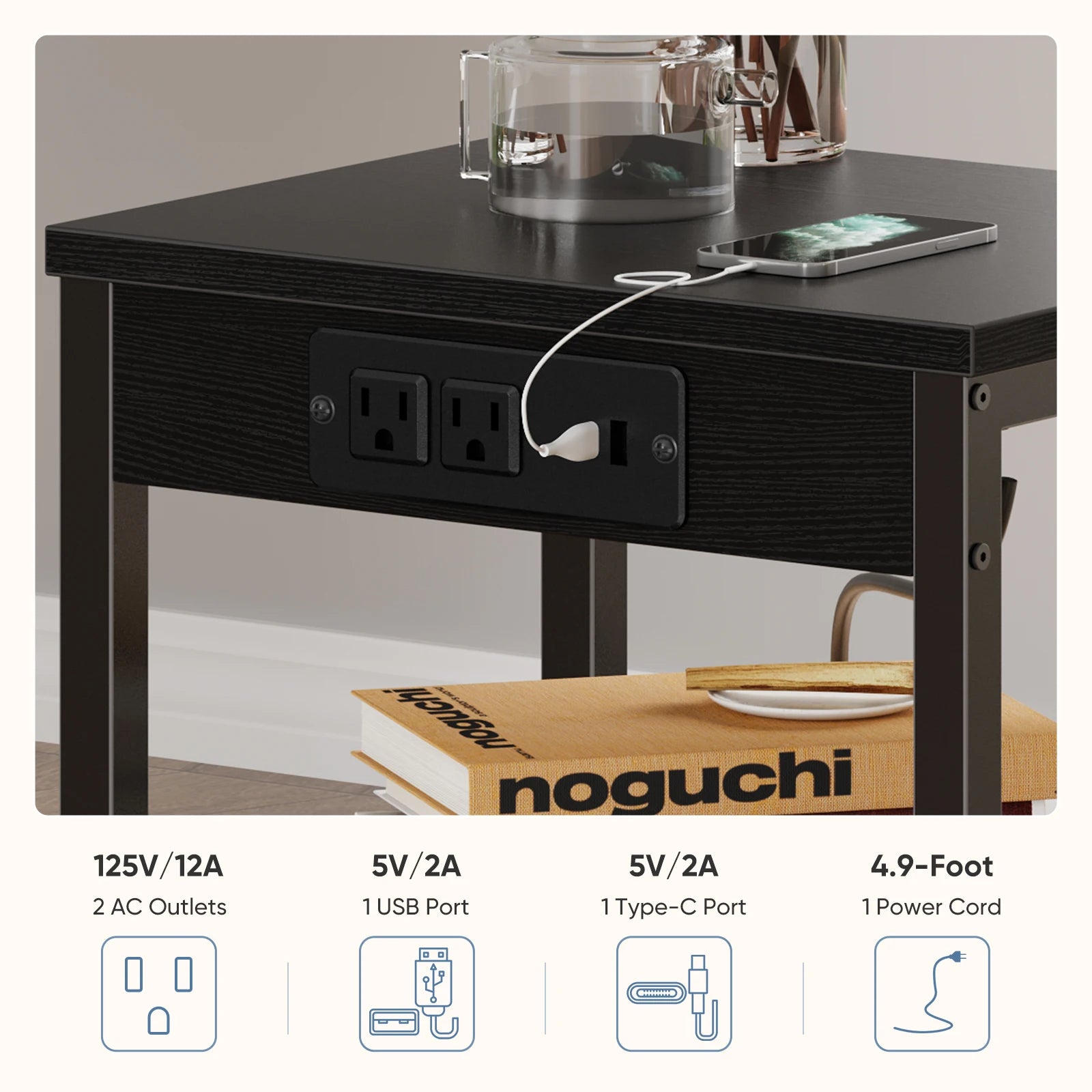 3-Tier Side Table with Charging Station and Adjustable Shelves
