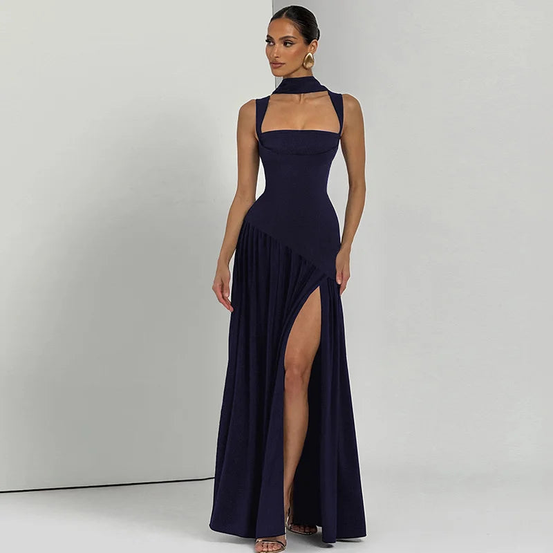 Elegant Sleeveless High Waist Slit Dress with Belted Sash