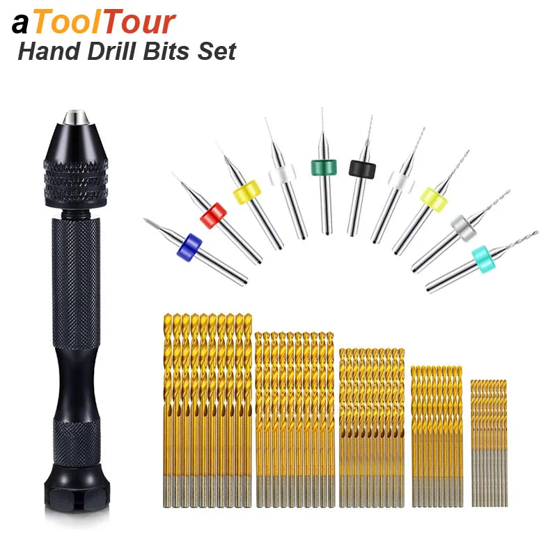 Pin Vise Hand Drill and Micro Bits — 51 or 61 Piece