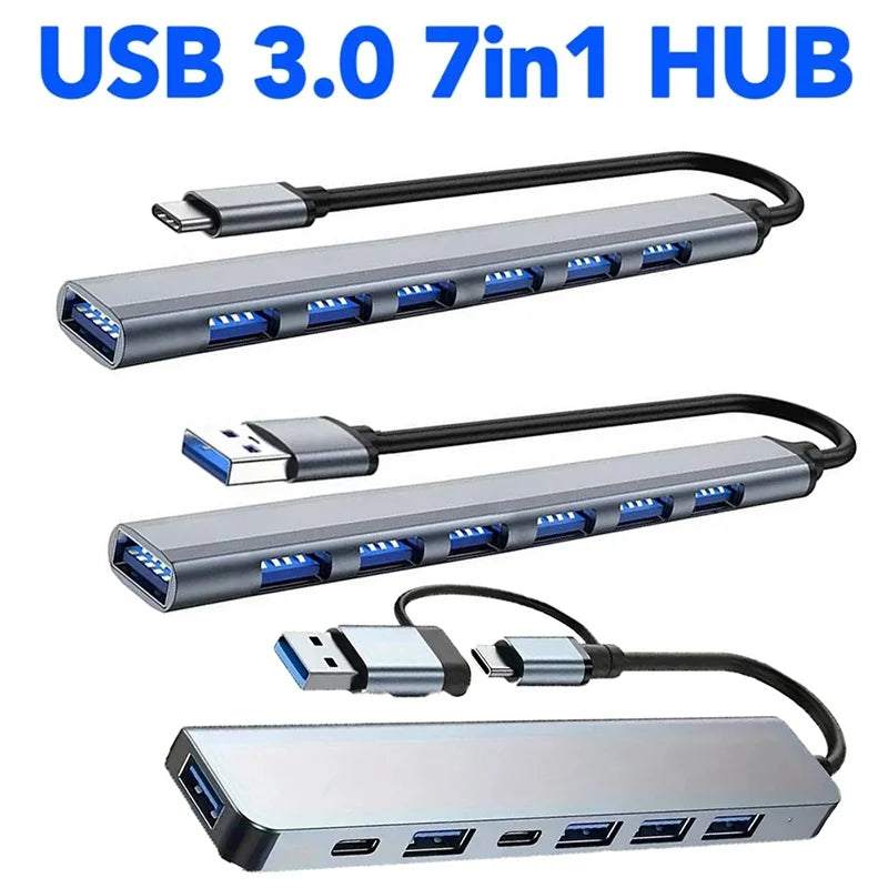 Seven-Port USB Hub with USB-A or USB-C Options