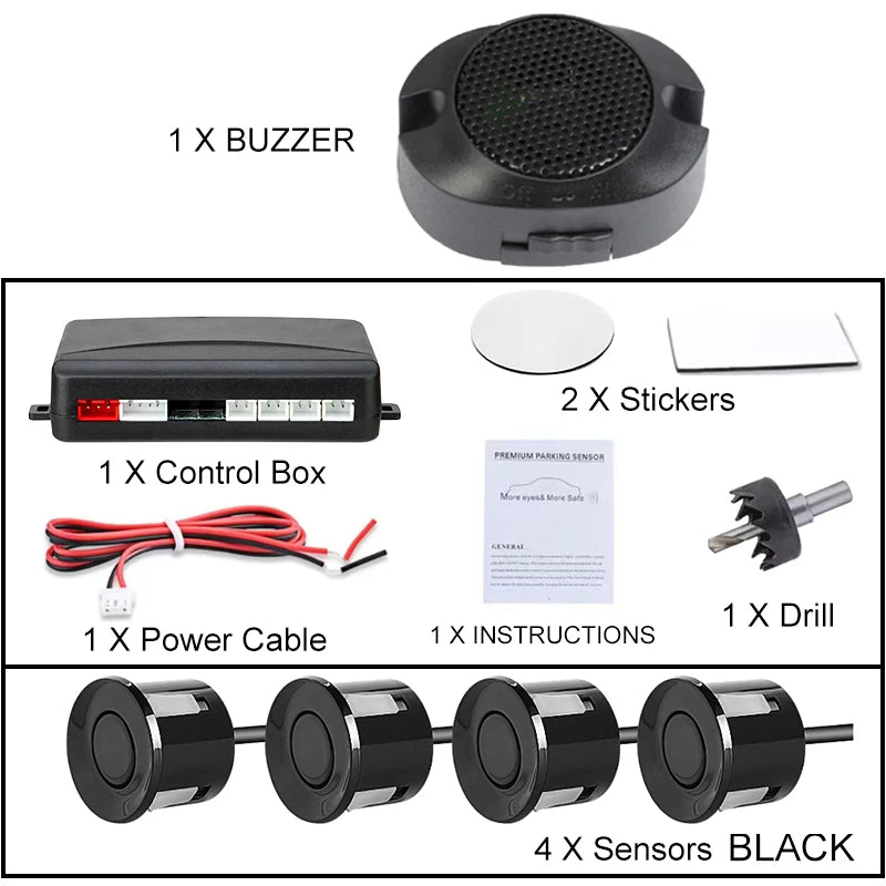 12V Four-Sensor Parking Kit with Buzzer, 22 mm Sensors