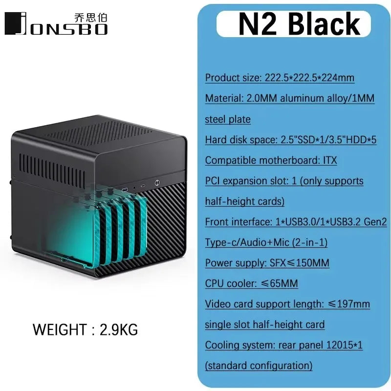 JONSBO N2 NAS Custodia Mini ITX in Alluminio per Home Office Intrattenimento Gioco Computer Server Host ITX Supporta 5 Hard Disk Alimentatore SFX