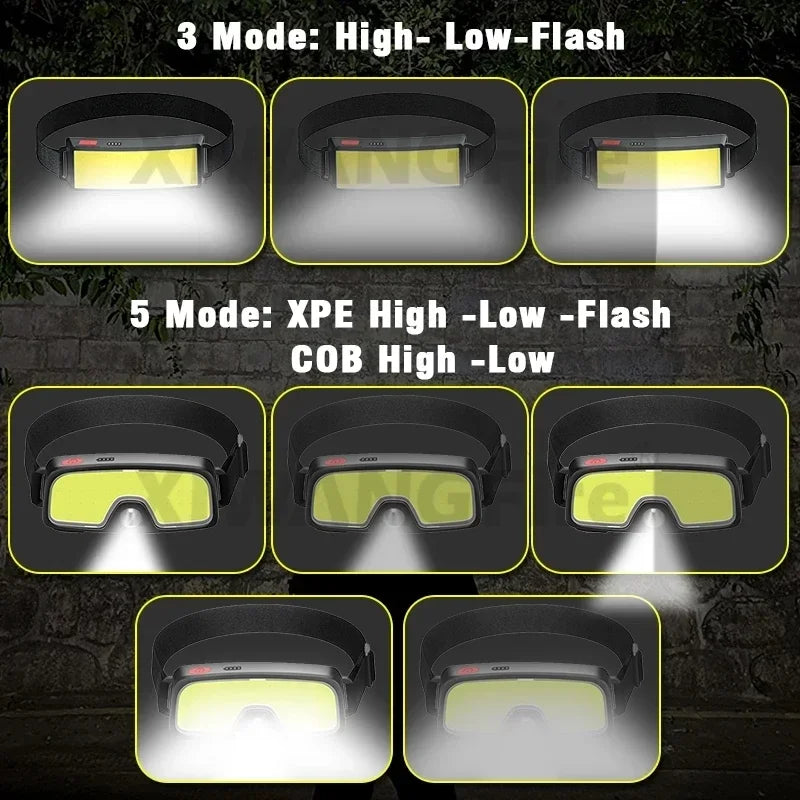 COB LED Headlamp 3 Mode USB Rechargeable