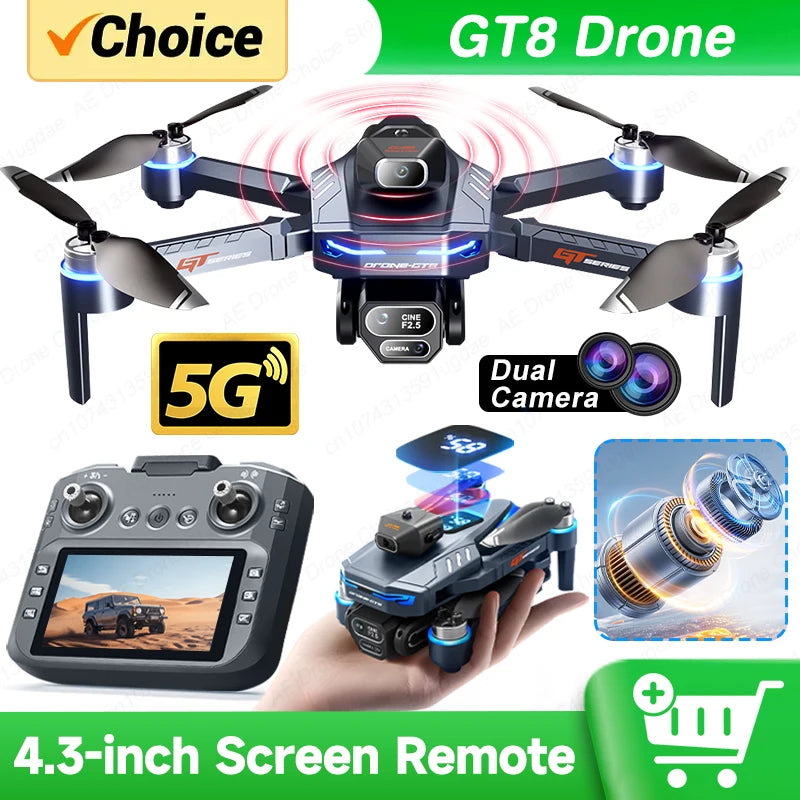 Nový GT8 Drone 8K profesionální HD Duální kamery obrazovky Dálkový 5G WIFI bezkartáčový motor Ovládání překážek skládací quadcopter hračky