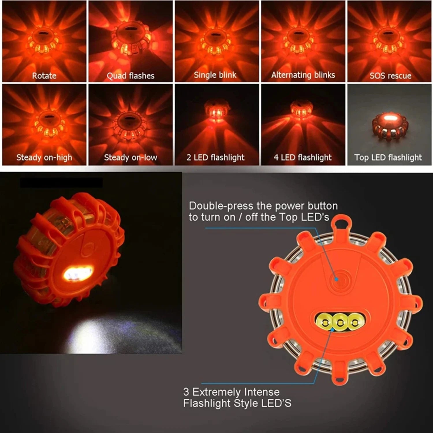 3pcs LED Road Flare Car Emergency Lights Roadside Safety Beacon Disc Flashing Warning Flare Kits with Magnetic Base Storage Bags