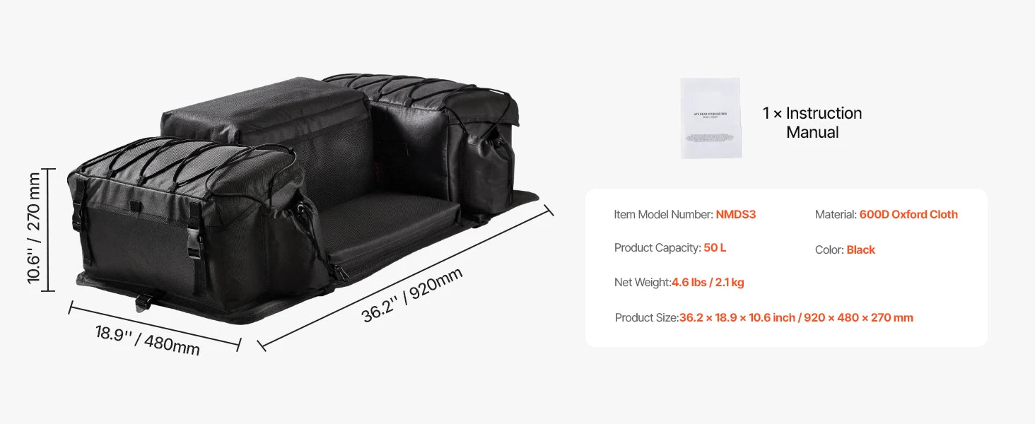 50L ATV Rear Storage Bag with Seat Cushion and Bottle Holder