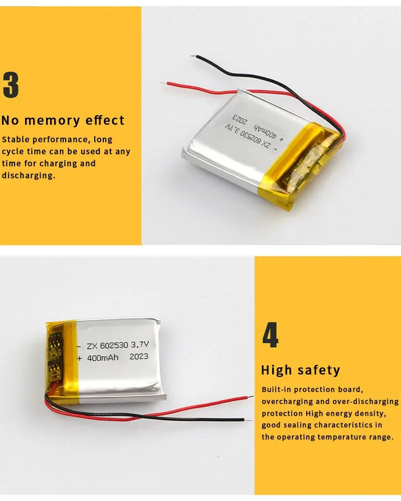 602530 3.7 V 400 mAh oppladbart LiPo-batteri