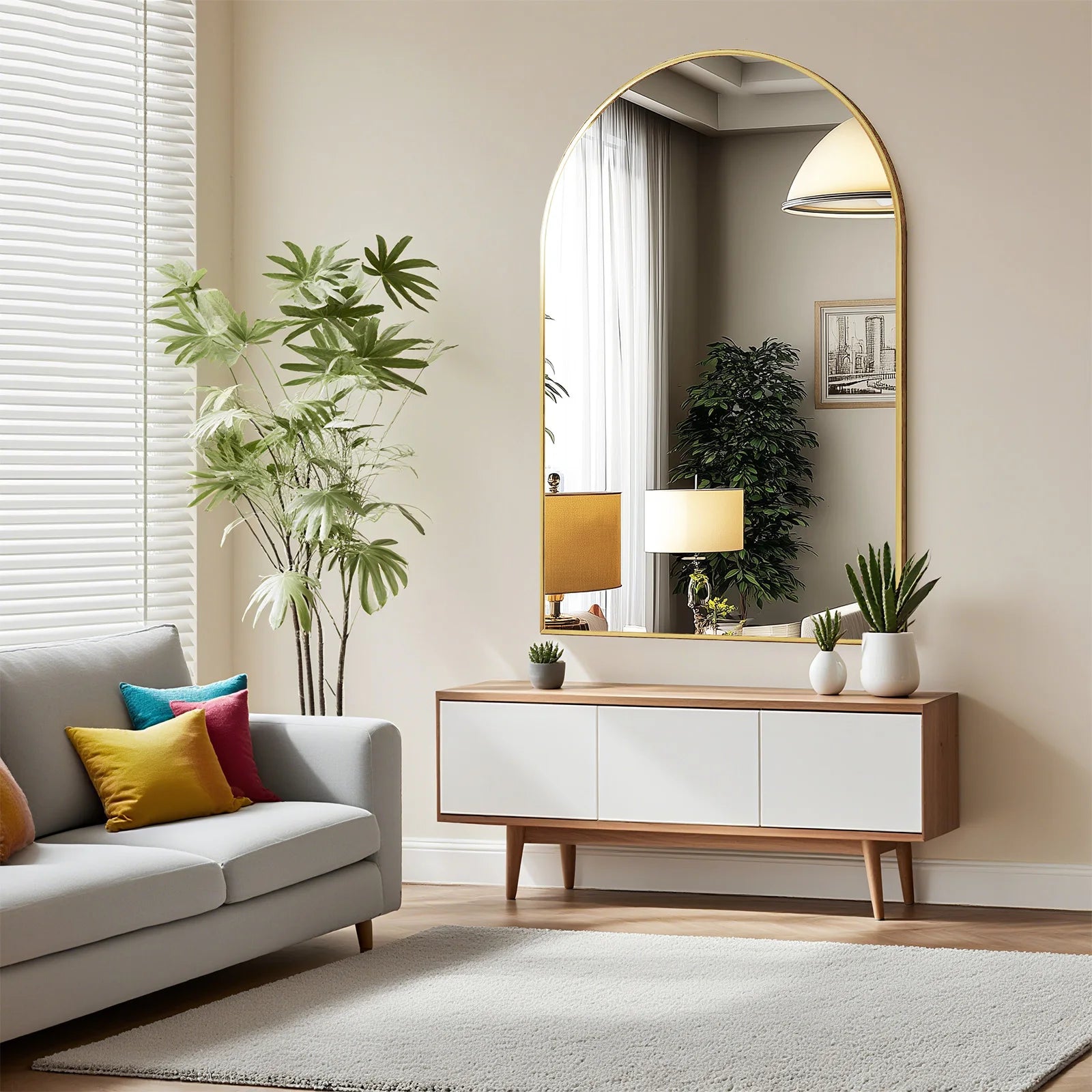 JHK 26"x38" obloukové zrcadlo s kovovým rámem pro zavěšení na zeď, skleněné zrcadlo, moderní nástěnná dekorace do ložnice a předsíně