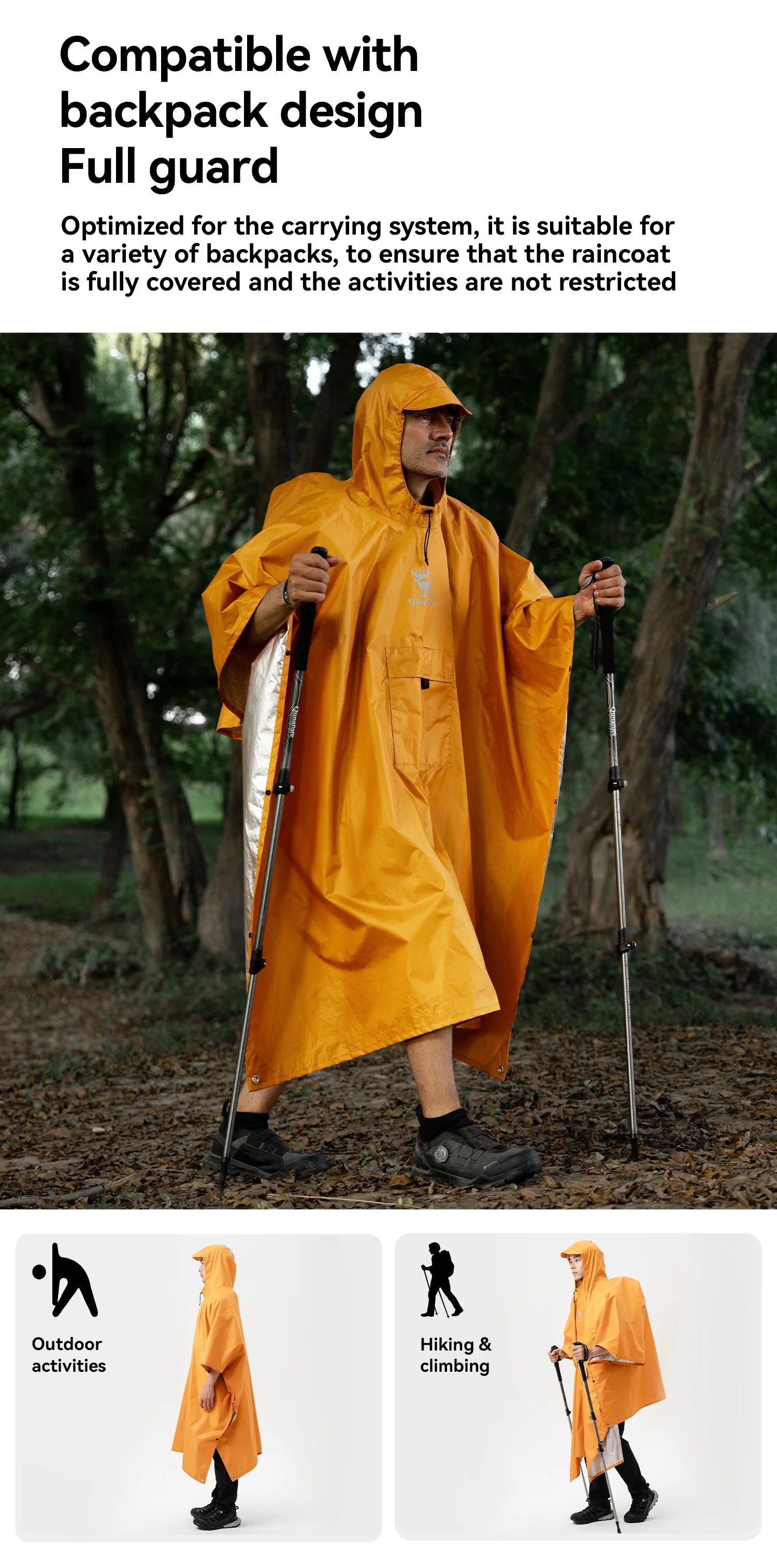 Capa de Chuva Qunature 100% Impermeável Casaco Longo de Chuva Leve Capa Dobrável para Caminhadas Toldo de Pesca Roupa de Chuva 3 em 1