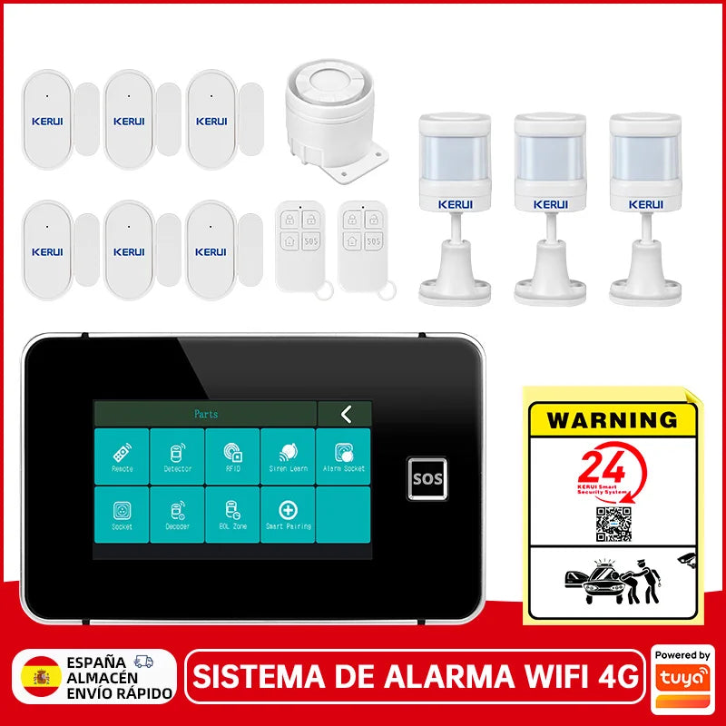 Desde España Entrega Kerui Sistema de Alarma 4G WiFi para Hogar Pantalla Táctil de 4.3 pulgadas Funciona con Tuya 433MHz Alarma de Burglar Seguridad