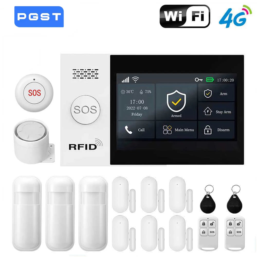 PGST Wireless Home Security Alarm System Work with Tuya 4G 2G GSM WIFI Smart Home 433MHz App Control With Alexa