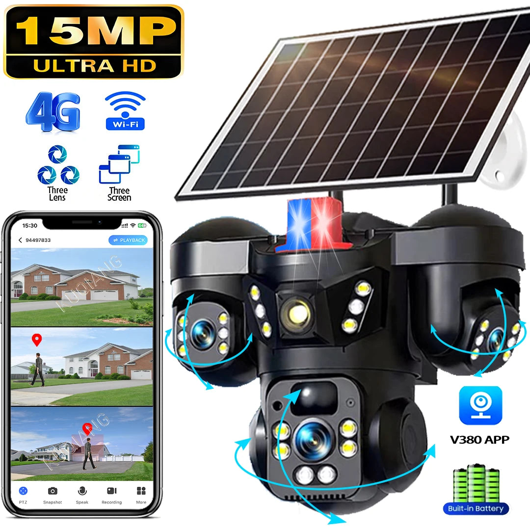 15MP Triple Lens Solar Security Camera with 360° Tracking