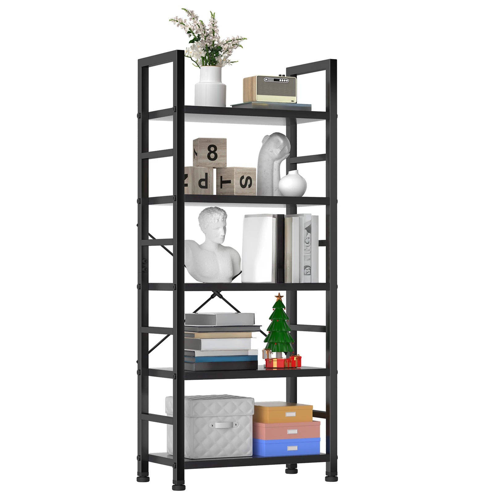 5 Tier Wooden Bookshelf with Metal Frame Tall Storage Display