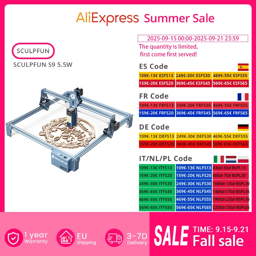 SCULPFUN S9 λέιζερ χάραξης με υπερλεπτό σημείο 0,06mm