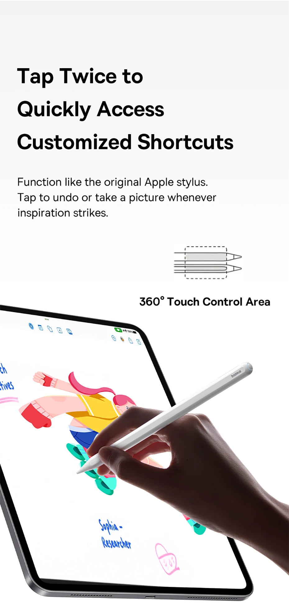 Bluetooth stylusové pero pre iPad s 360° dotykovým ovládaním a skratkovými tlačidlami