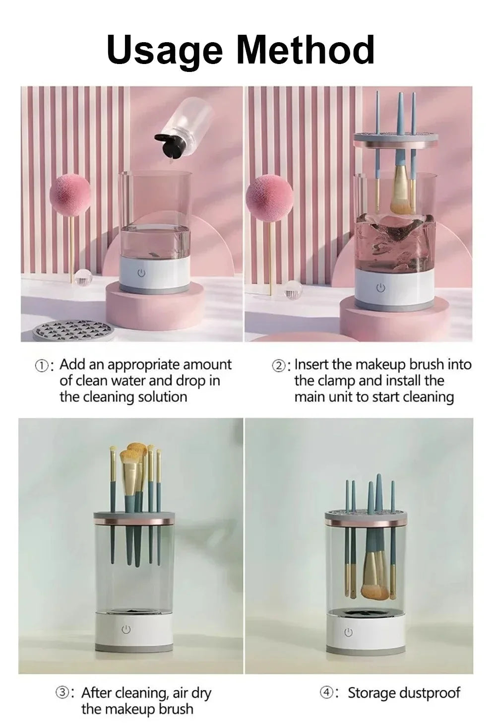 Curățator electric automat pentru pensule de machiaj, adaptor USB, burete de curățare cosmetic, uscare cu covoraș de curățare