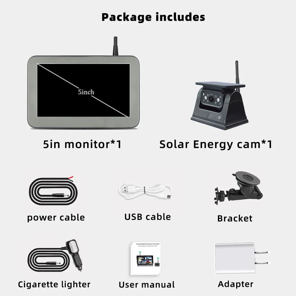 Wireless Solar Backup Camera with 5-Inch Rear View Monitor