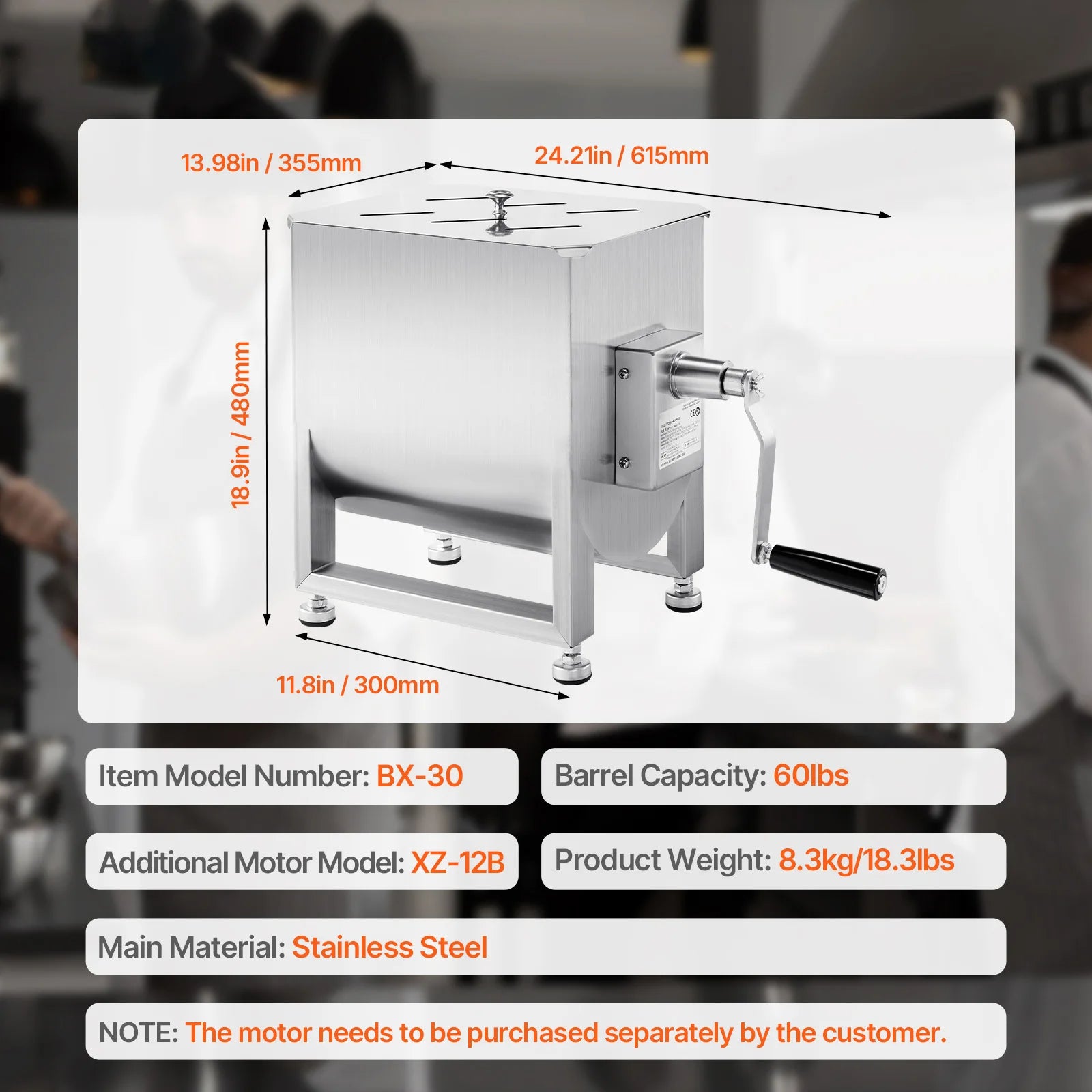 Manual Meat Mixer with Lid, Handle and Gear Reducer