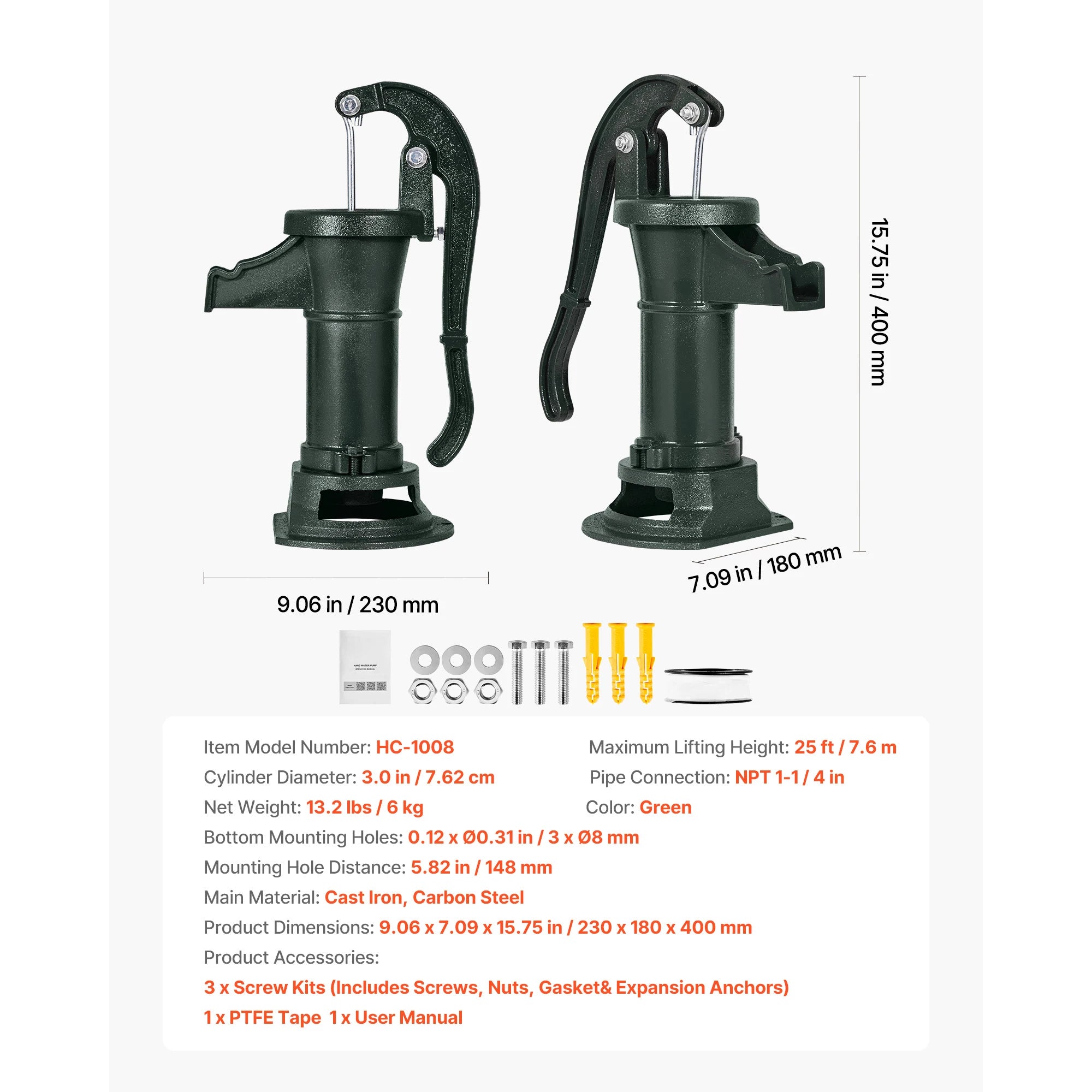 SucceBuy Handpump för kanna 25 ft maximal lyfthöjd gjutjärn NPT 1-1/4 in anslutning för trädgårdsdamm gård röd/svart/gul/grön