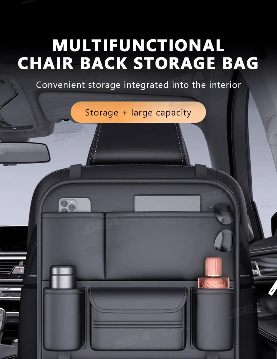 SEAMETAL 6-Pocket Car Seat Back Storage Bag Wear-Resistant Car Backseat Organizer Tissue/Cup Holder Waterproof Anti-Kick Pad