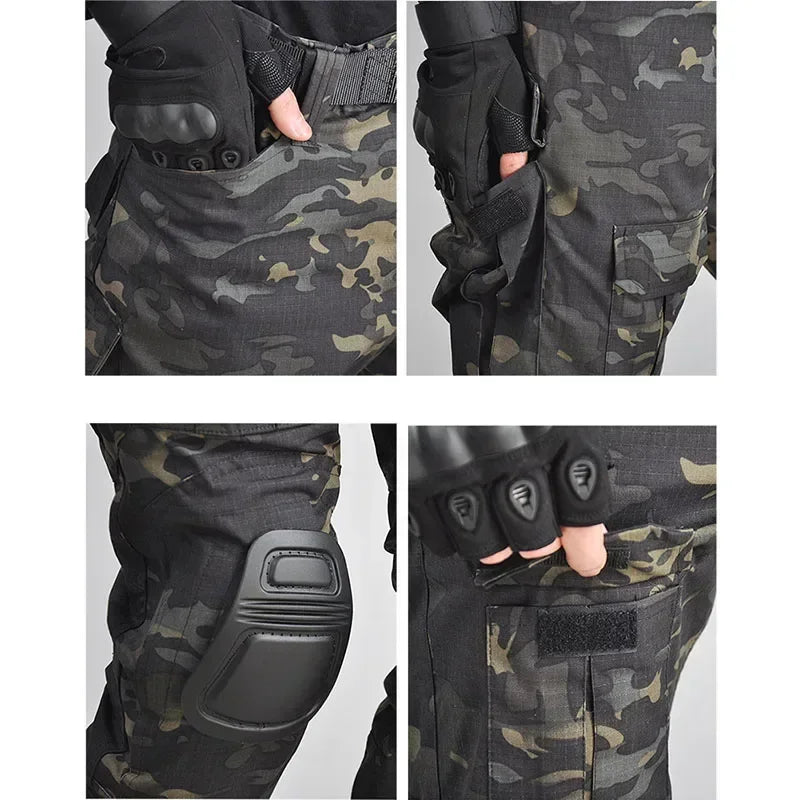 Black Camo Training Sets 1/4 Zipper Combat Tops Tactical Suits Hiking Pants Men Durable Shirts Multiple Pockets Wear-resisting