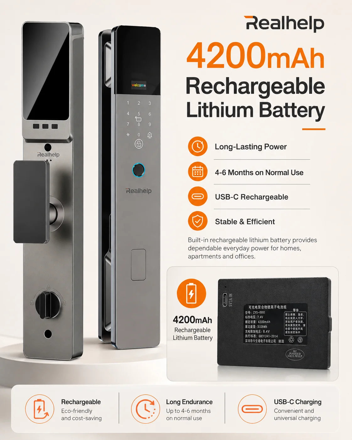 Realhelp K49 Smart Door Lock 6068 Mortise Fingerprint Door Lock PIN Code RFID Card Keyless Entry Electronic Lock 4200mAh Rechargeable Battery Standalone Security for Home Apartment Office EU Warehouse