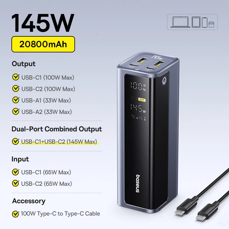 145W Fast Charging Power Bank 20800mAh USB-C Laptop Charger