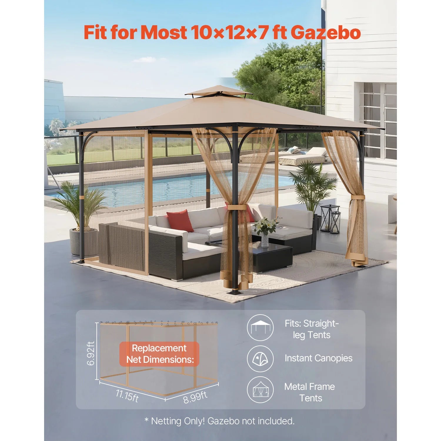 SucceBuy Filet de remplacement pour gazebo Adapté à la plupart des gazebos 10 x 12 x 7 ft Rideau Membre 4 panneaux Murs latéraux en filet Protection de pare-vent (Only filet)