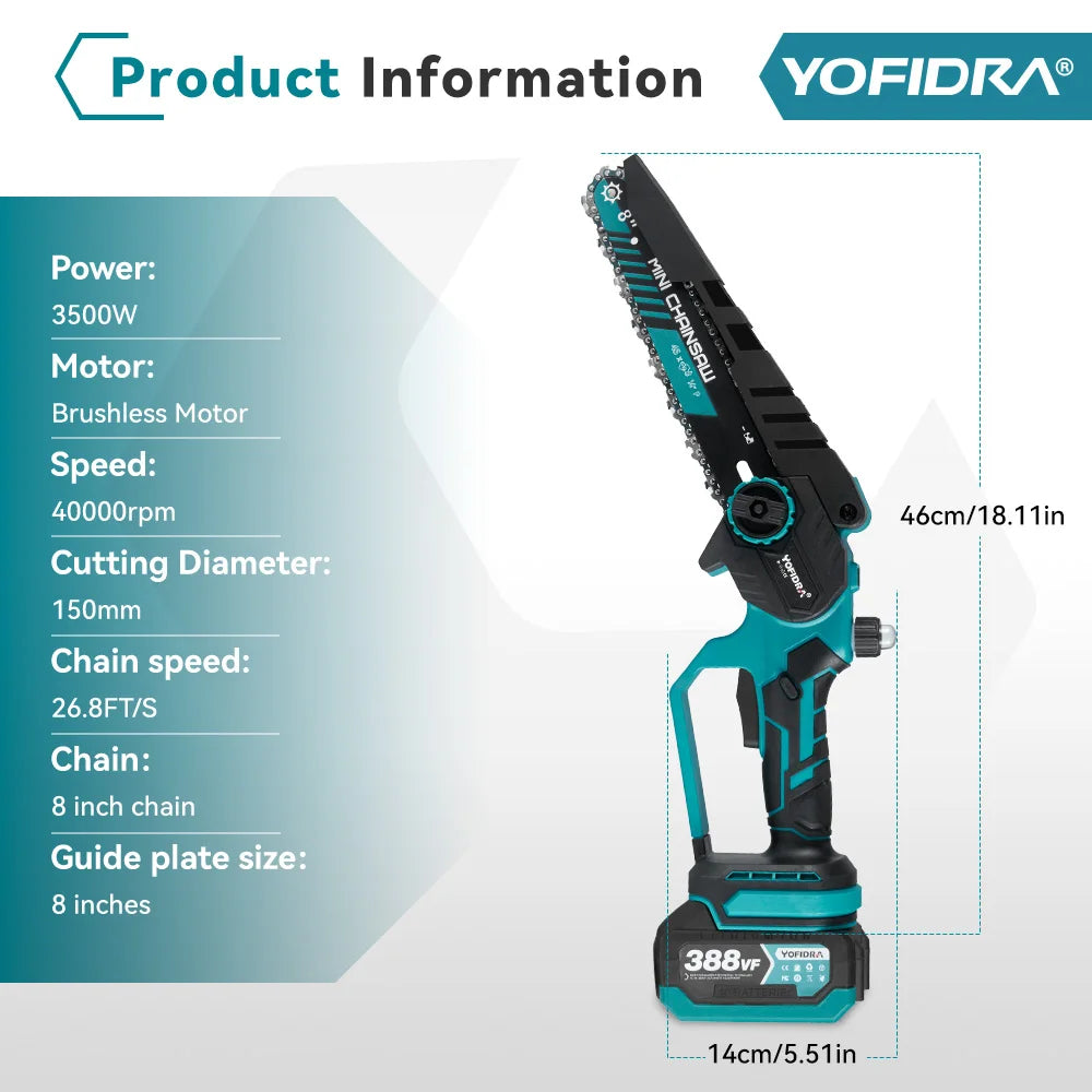 YOFIDRA 8 Inch Brushless Electric Chainsaw Cordless Rechargeable Garden Woodworking Cutting Power Tools For Makita Battery Pin