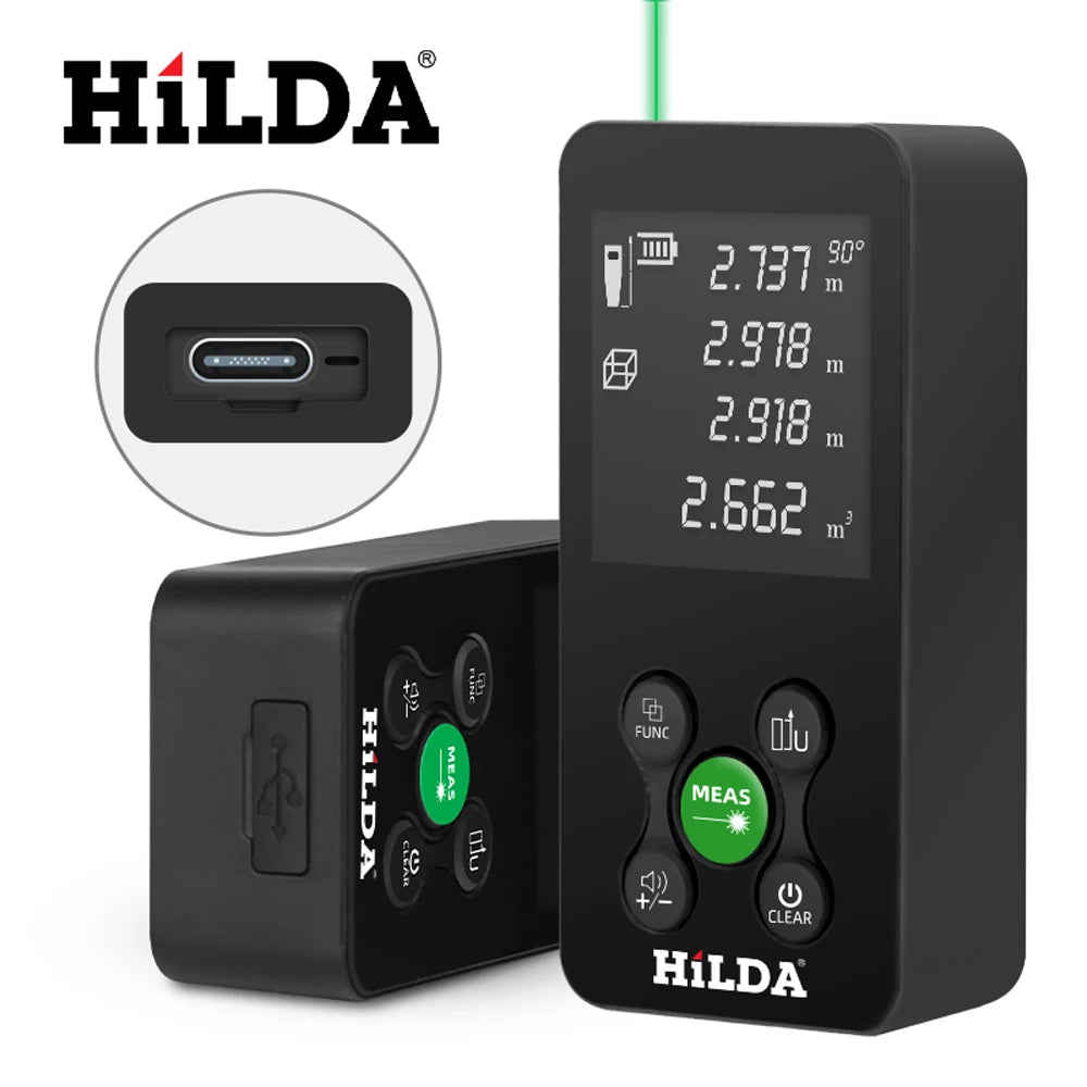 HILDA 50/100/120M Laser Rangefinder Red/Green Light Laser Distance Digital Tape Rechargeable and Measurable Angle Laser Measure