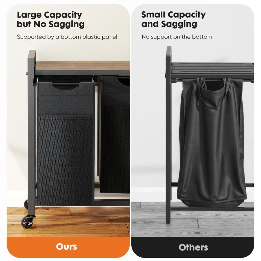 2-Section Laundry Hamper with Removable Bags and Rolling Shelf