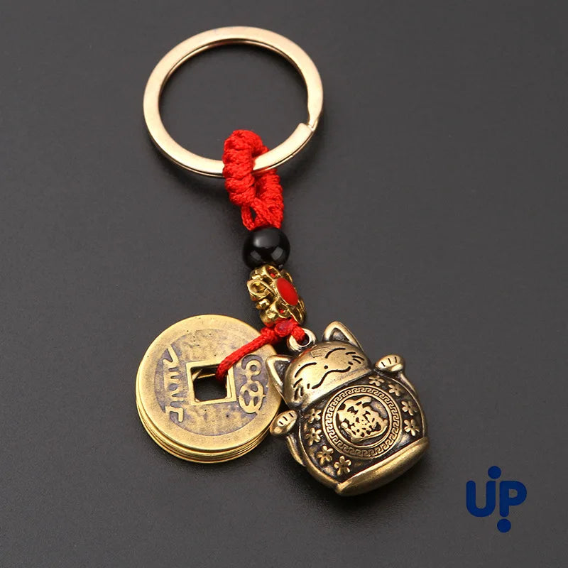 1Pc Vintage Pure Handmade Lucky Cat Car Keychain Lucky Cat Five Emperors Money Keychain Feng Shui Coins Solid Lucky Key Ring