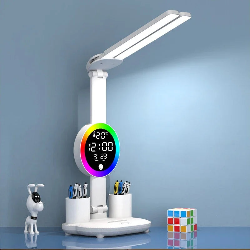 LED Desk Lamp with Clock, Plug-In/Rechargeable Options