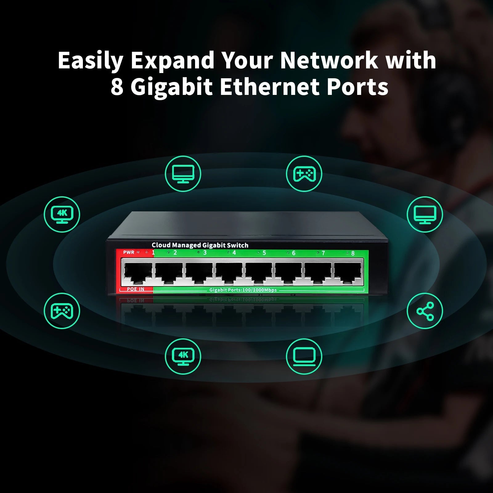 Cloud-managed Gigabit Ethernet Switch 8 Port Network Switch 48V POE Network Extender Desktop 100/1000Mbps SFP APP Managed Switch