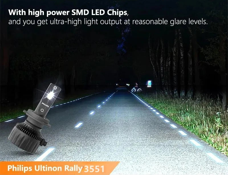 Philips Ultinon Rally 3551 LED H4 H7 H11 HB3/4 9006 9005 HIR2 Car Headlight 6500K White Max Power 50W Max Lumen 4500lm LED Bulb