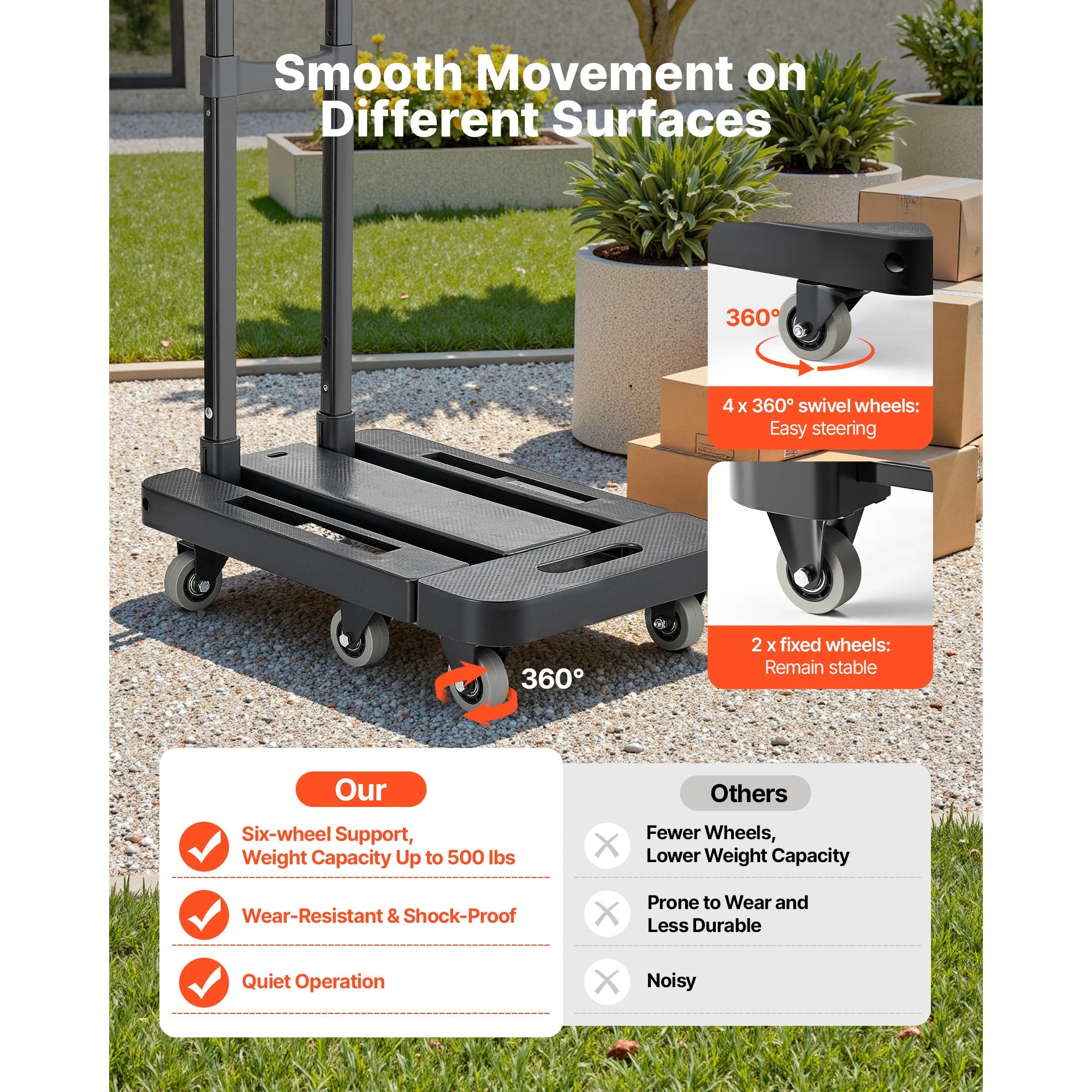 Diable pliant 500LB avec base extensible et 6 roues