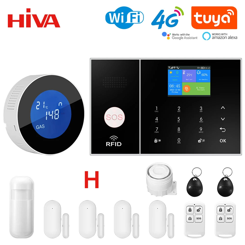 HIVA 4G Security Alarm System For Home WiFi Tuya Smart Life App Control Burglar Alarm Kit Work With Alexa With Pir Door Sensor