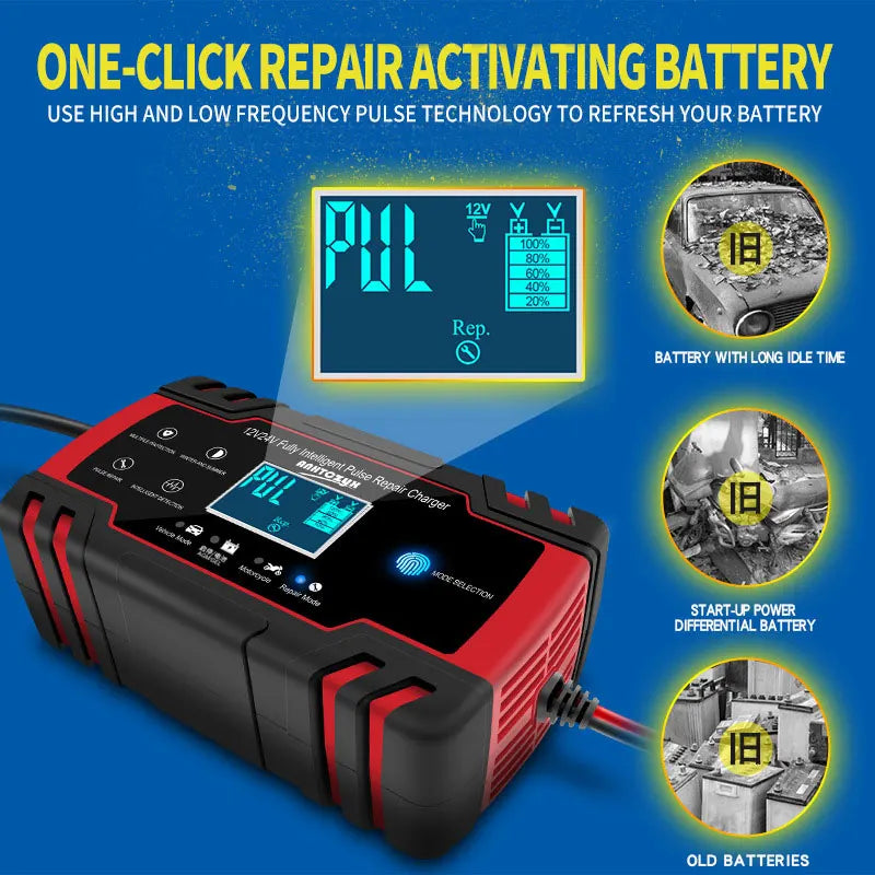 12–24V Automatic Car Battery Charger with LCD Display